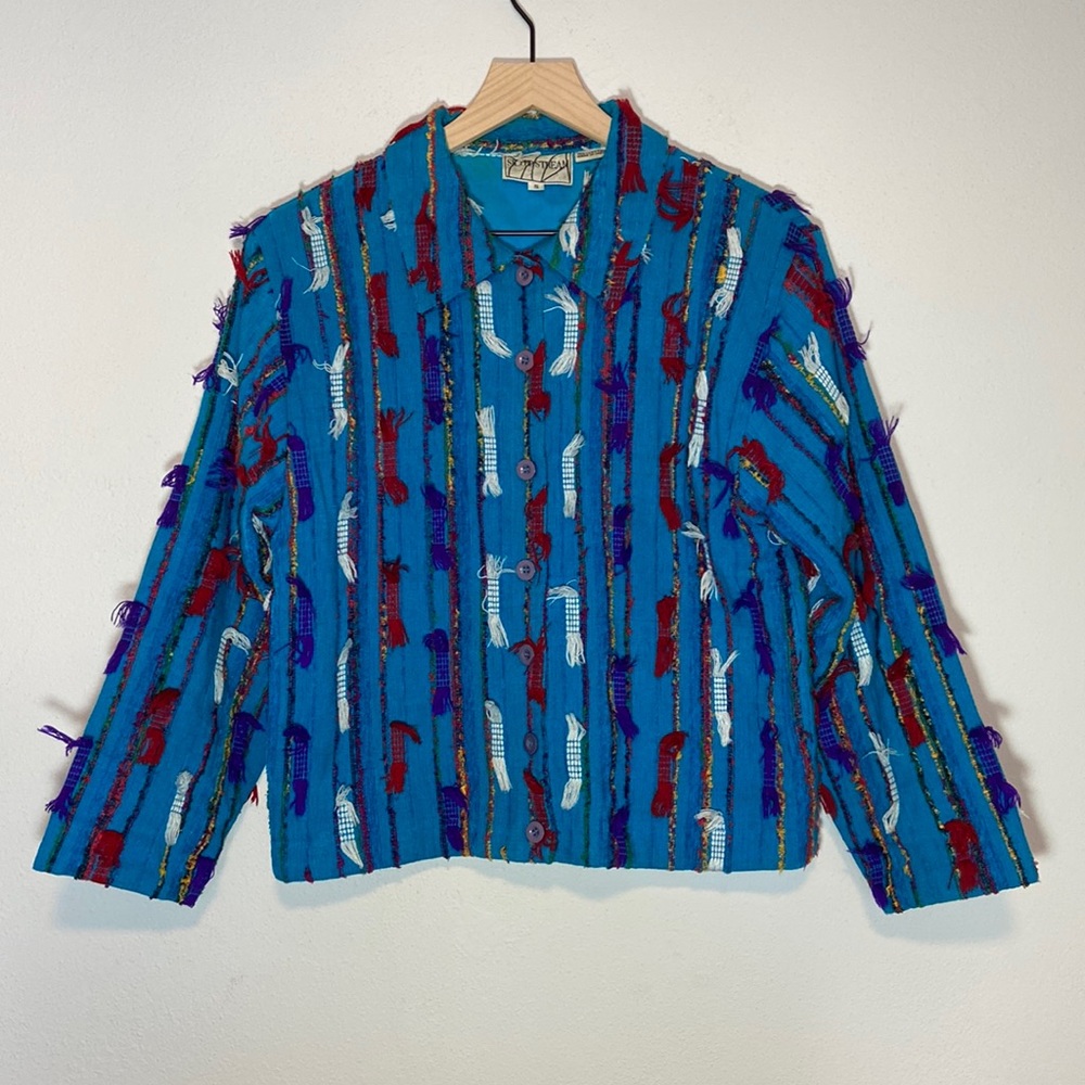 Silver Stream Button Down Jacket Textured Color Pop Funky Embroidered Sz Small